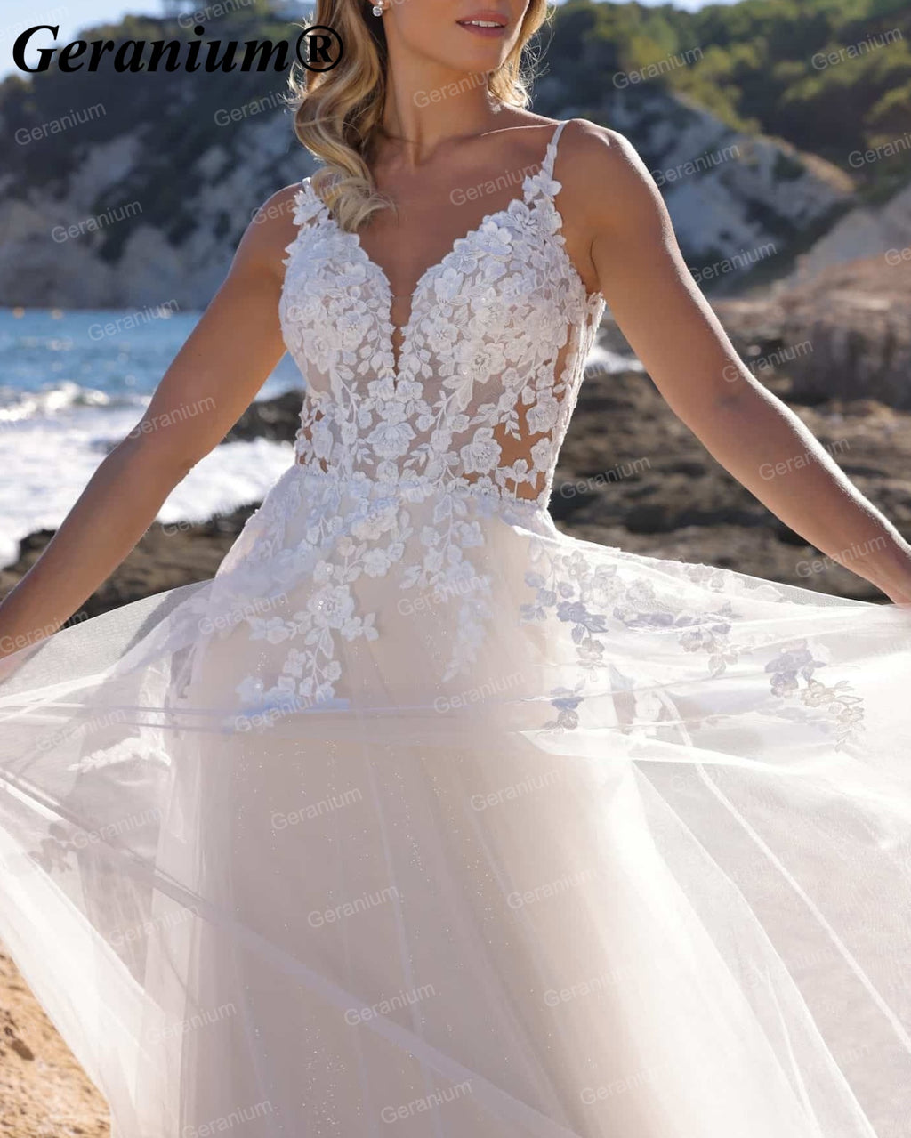 Geranium Plunging V-Neck Lace A-Line Wedding Dress GER61