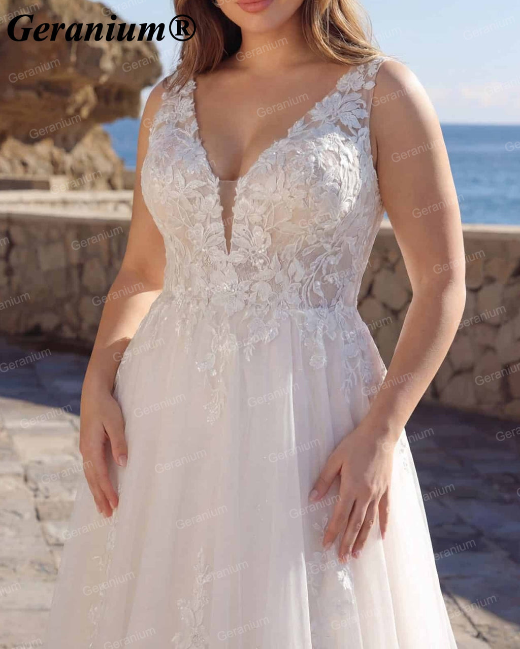 Geranium Plunging V-Neck Lace Tulle A-Line Wedding Dress – GER82