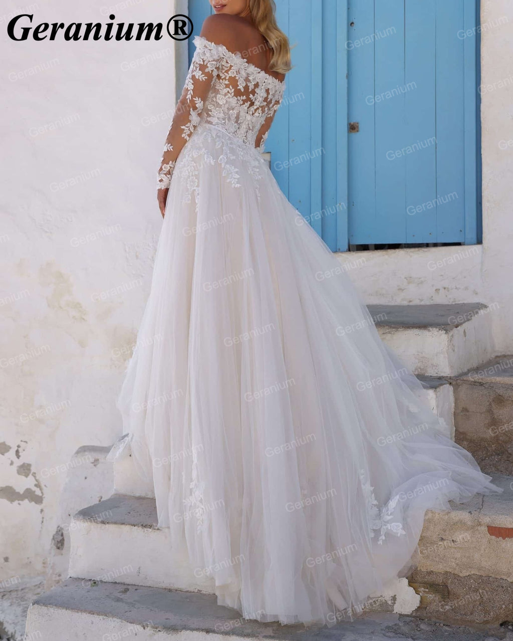 Geranium Off-Shoulder Long Sleeve Lace A-Line Wedding Dress – GER65