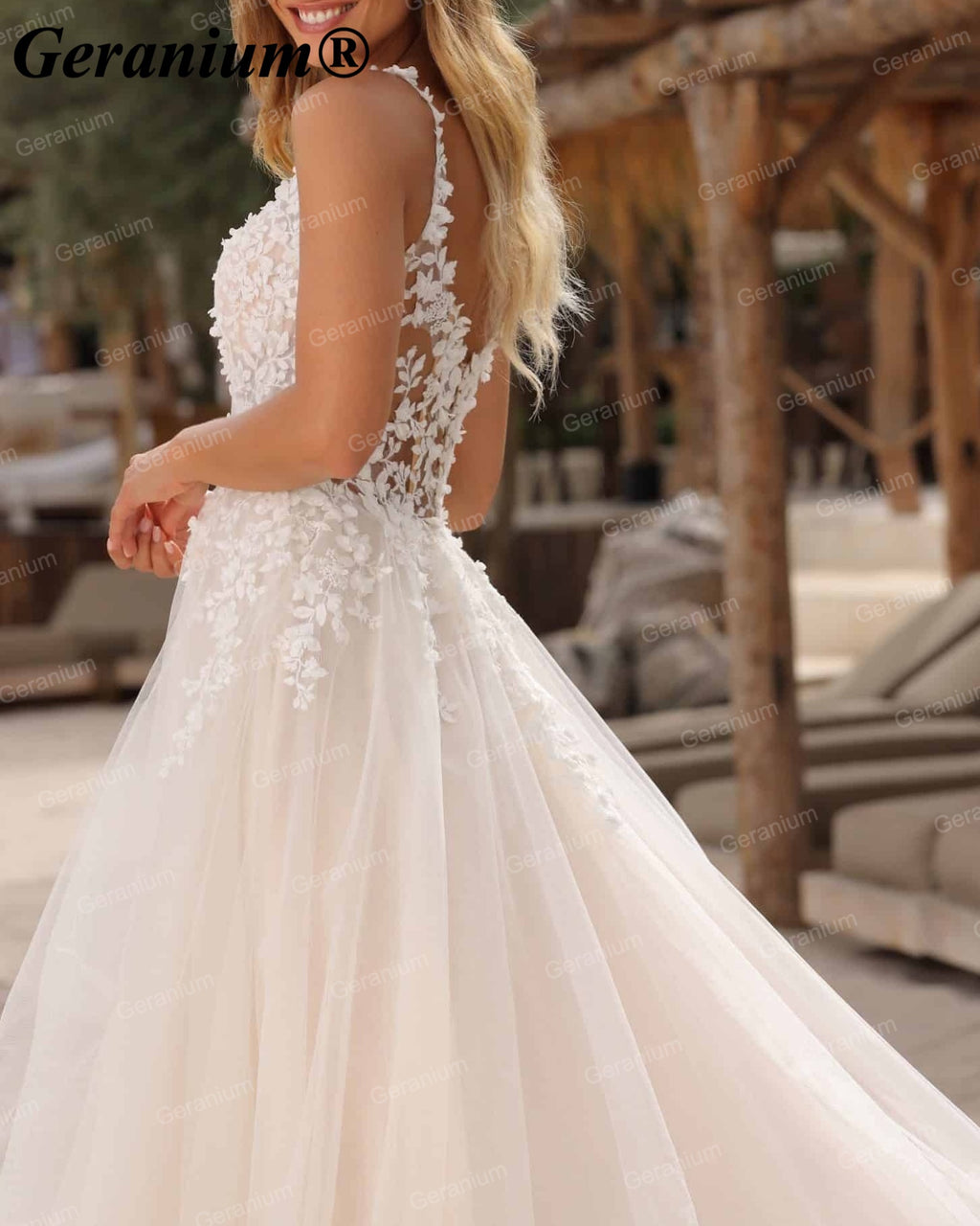 Geranium Plunging V-Neck Lace A-Line Wedding Dress GER57