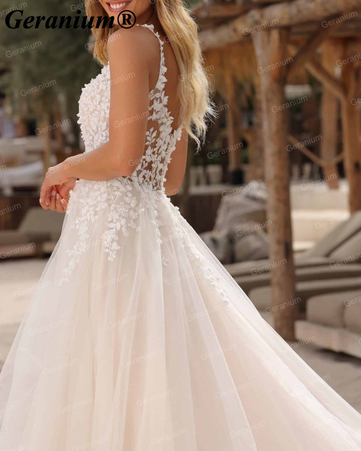 Geranium Plunging V-Neck Lace A-Line Wedding Dress GER57