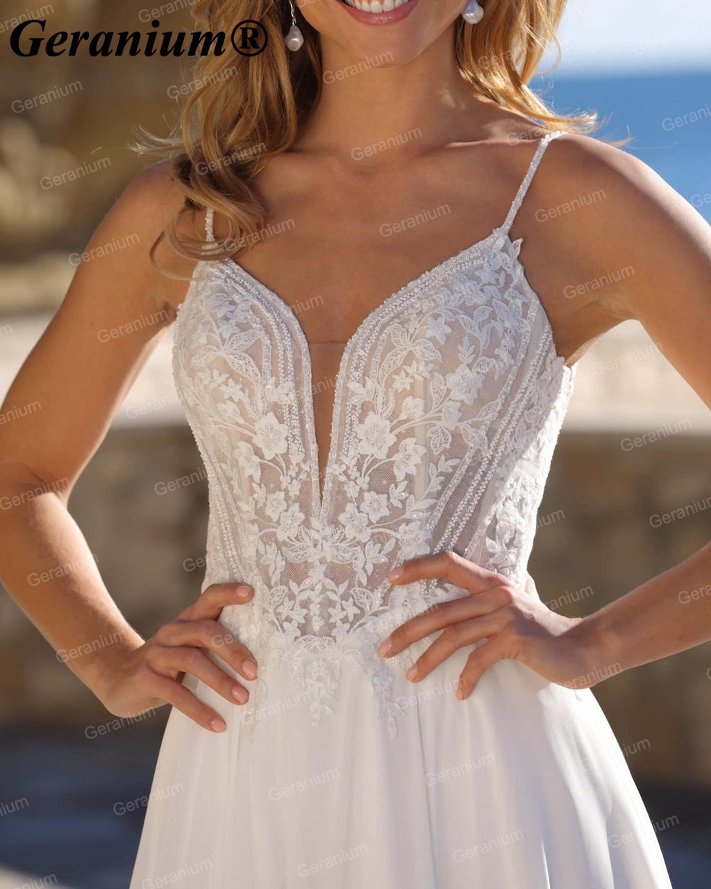 Geranium Plunging V-Neck Lace Chiffon A-Line Wedding Dress – GER89