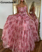 Geranium Pink Floral Strapless Corset Ball Gown Prom Dress – GER695P
