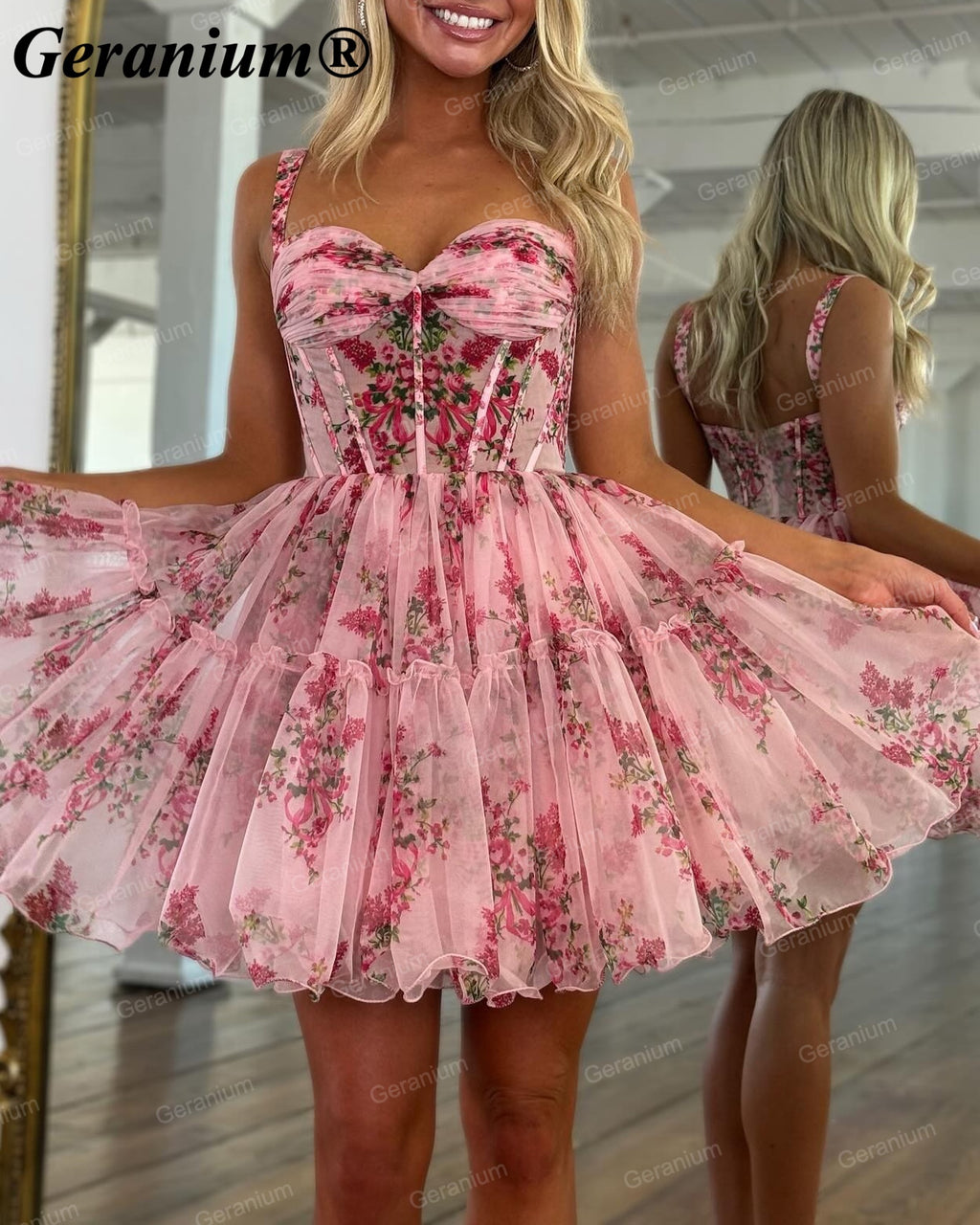 GERANIUM Pink Floral Corset Mini Homecoming Dress GER685P
