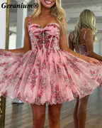 GERANIUM Pink Floral Corset Mini Homecoming Dress GER685P