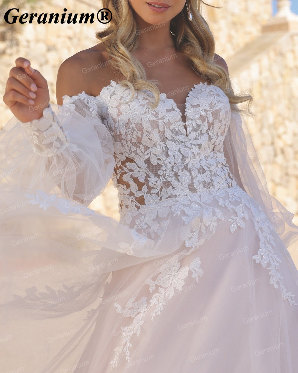 Geranium Sweetheart Lace A-Line Wedding Dress with Off-Shoulder Puff Sleeves – GER108