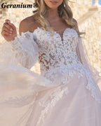 Geranium Sweetheart Lace A-Line Wedding Dress with Off-Shoulder Puff Sleeves – GER108