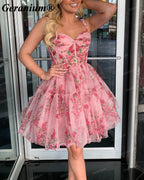 GERANIUM Pink Floral Corset Mini Homecoming Dress GER685P