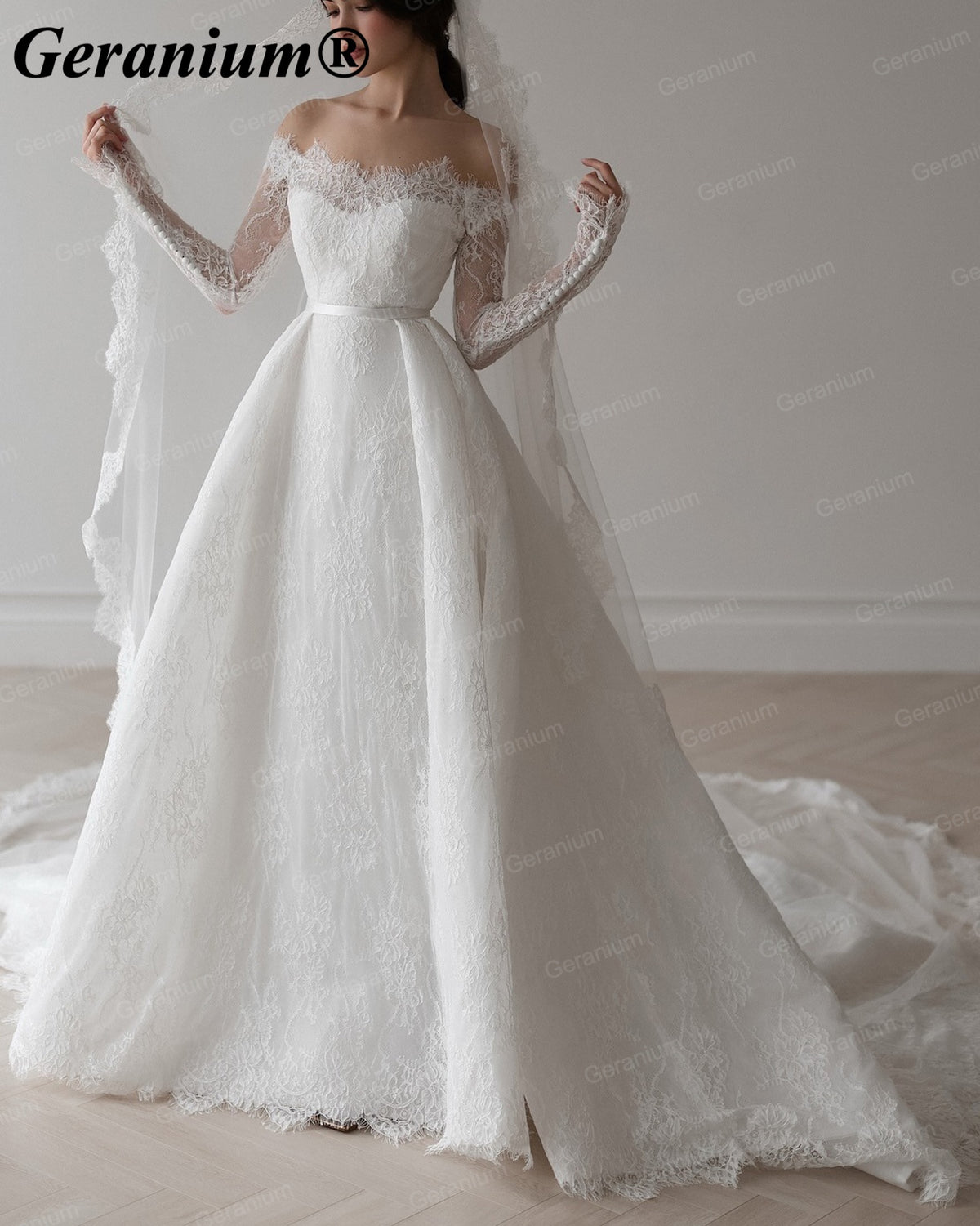 Geranium Off-the-Shoulder Long Sleeve Lace A-Line Wedding Dress – GER2