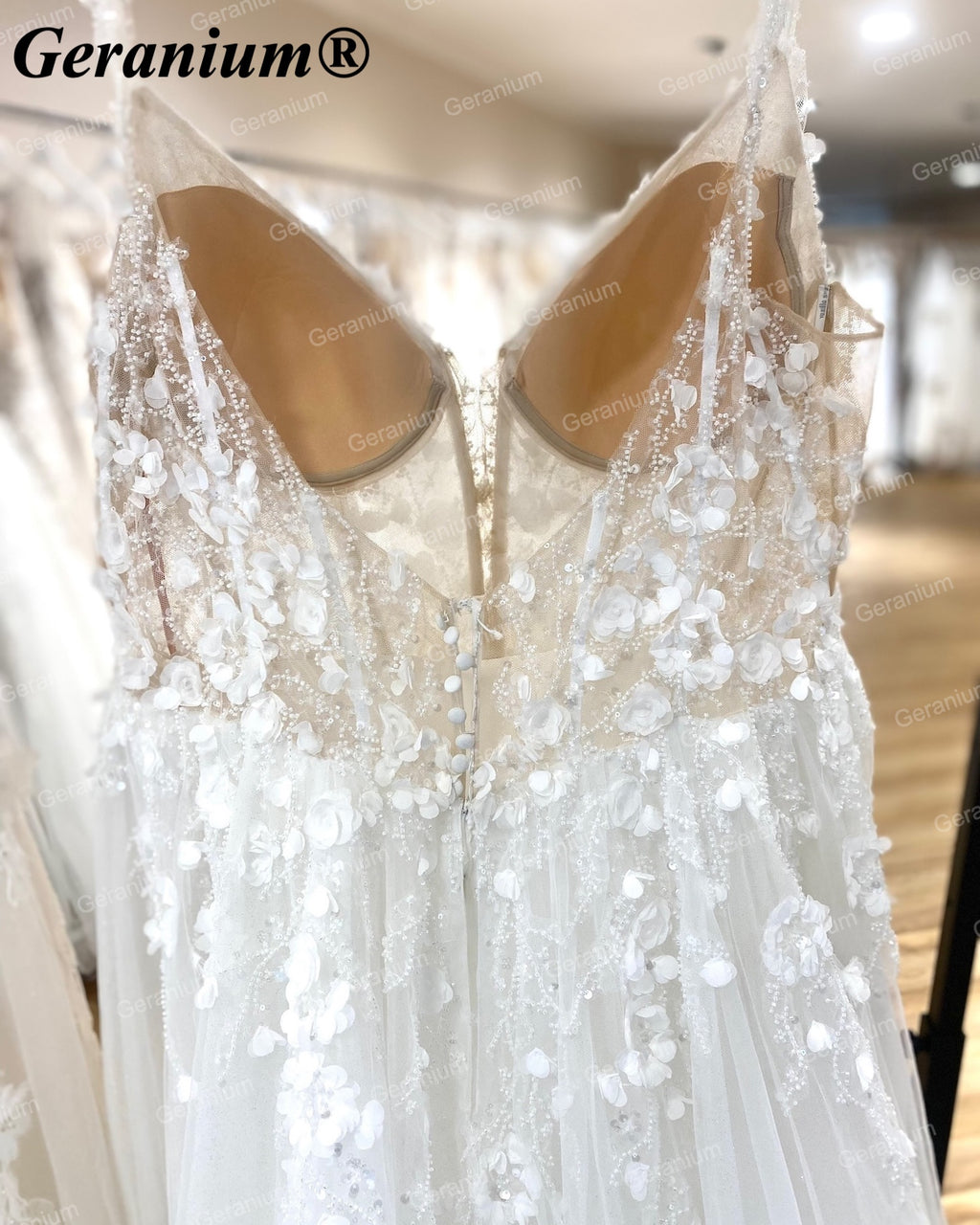 Geranium 3D Floral Plunging V-Neck A-Line Wedding Dress – GER33