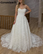 Geranium Strapless Floral Lace A-Line Wedding Dress with Chapel Train – GER34