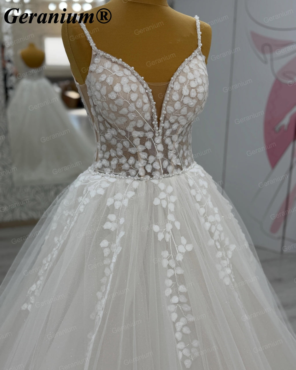 Geranium Plunging V-Neck Lace Ball Gown Wedding Dress – GER9