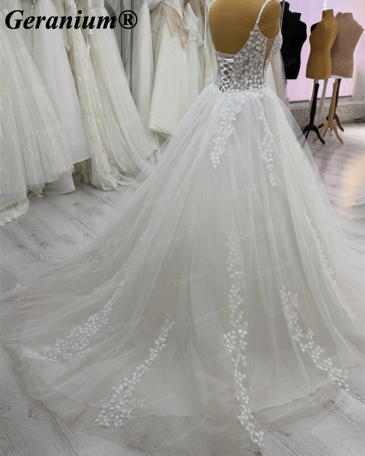 Geranium Plunging V-Neck Lace Ball Gown Wedding Dress – GER9