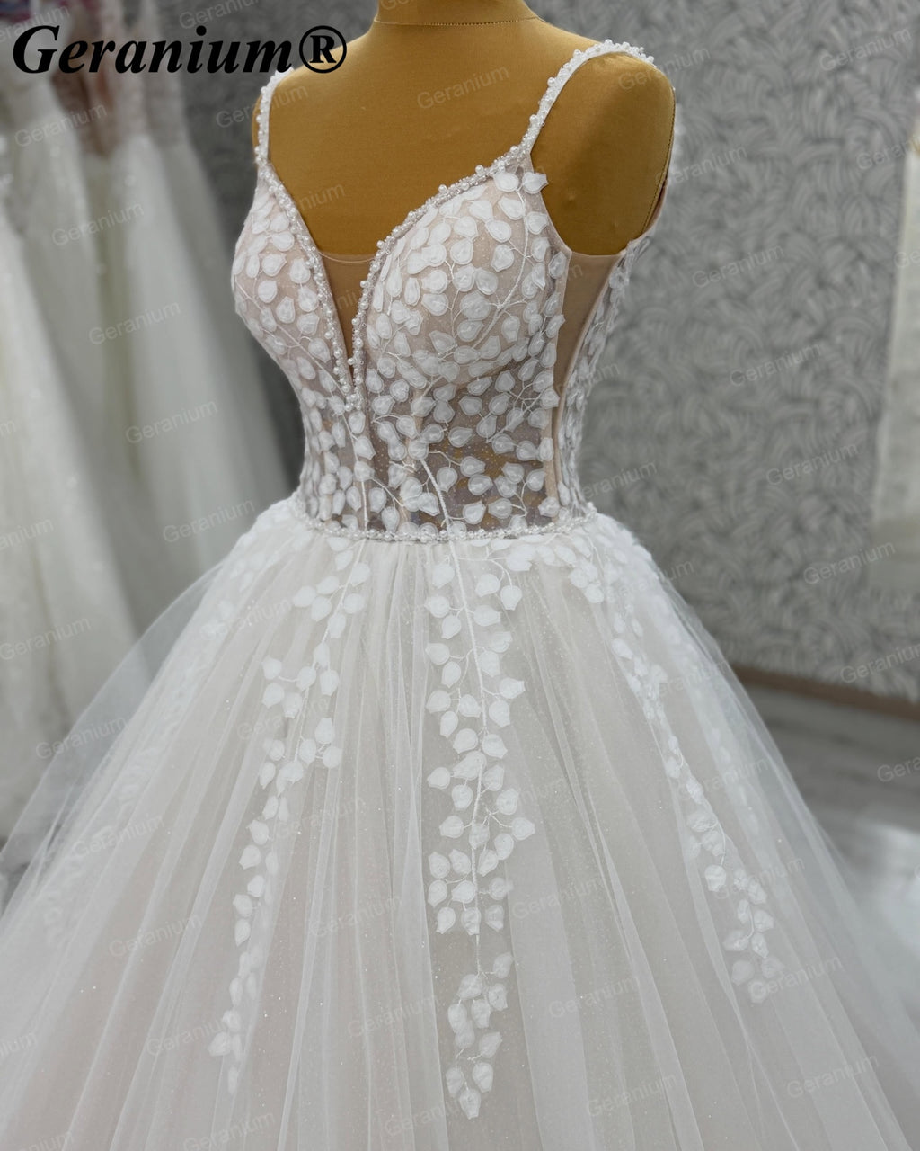 Geranium Plunging V-Neck Lace Ball Gown Wedding Dress – GER9