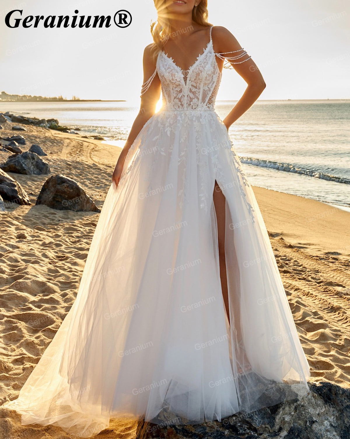 Geranium Plunging V-Neck Lace A-Line Wedding Dress with Pearl Straps – GER114