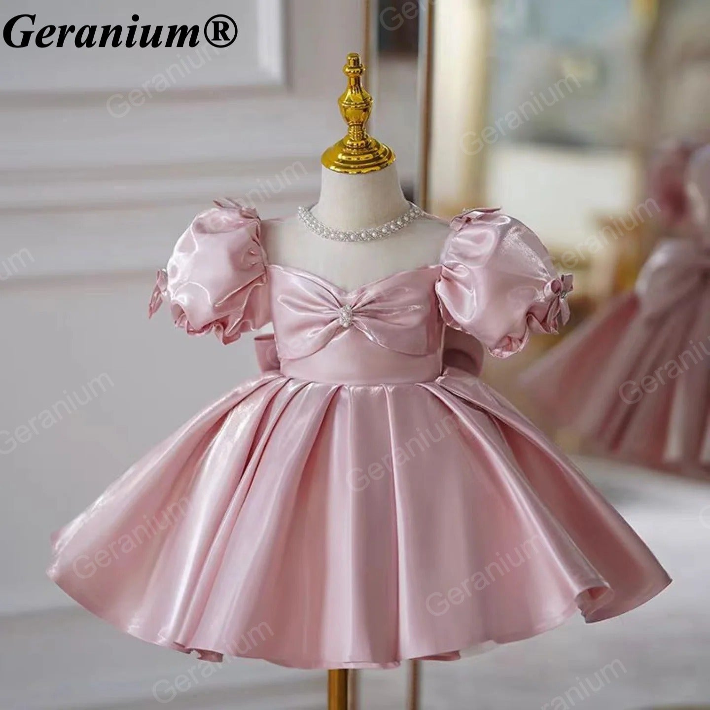 Geranium Elegant Toddler Girl Dusty Pink Satin Party Dress - Pearl Illusion Neckline Princess Gown with Statement Back Bow KD-46