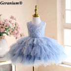 Geranium Elegant Sky Blue Tulle Flower Girl Dress - Ruffled Tiered Lace Party Gown for Toddlers & Infants KD-49