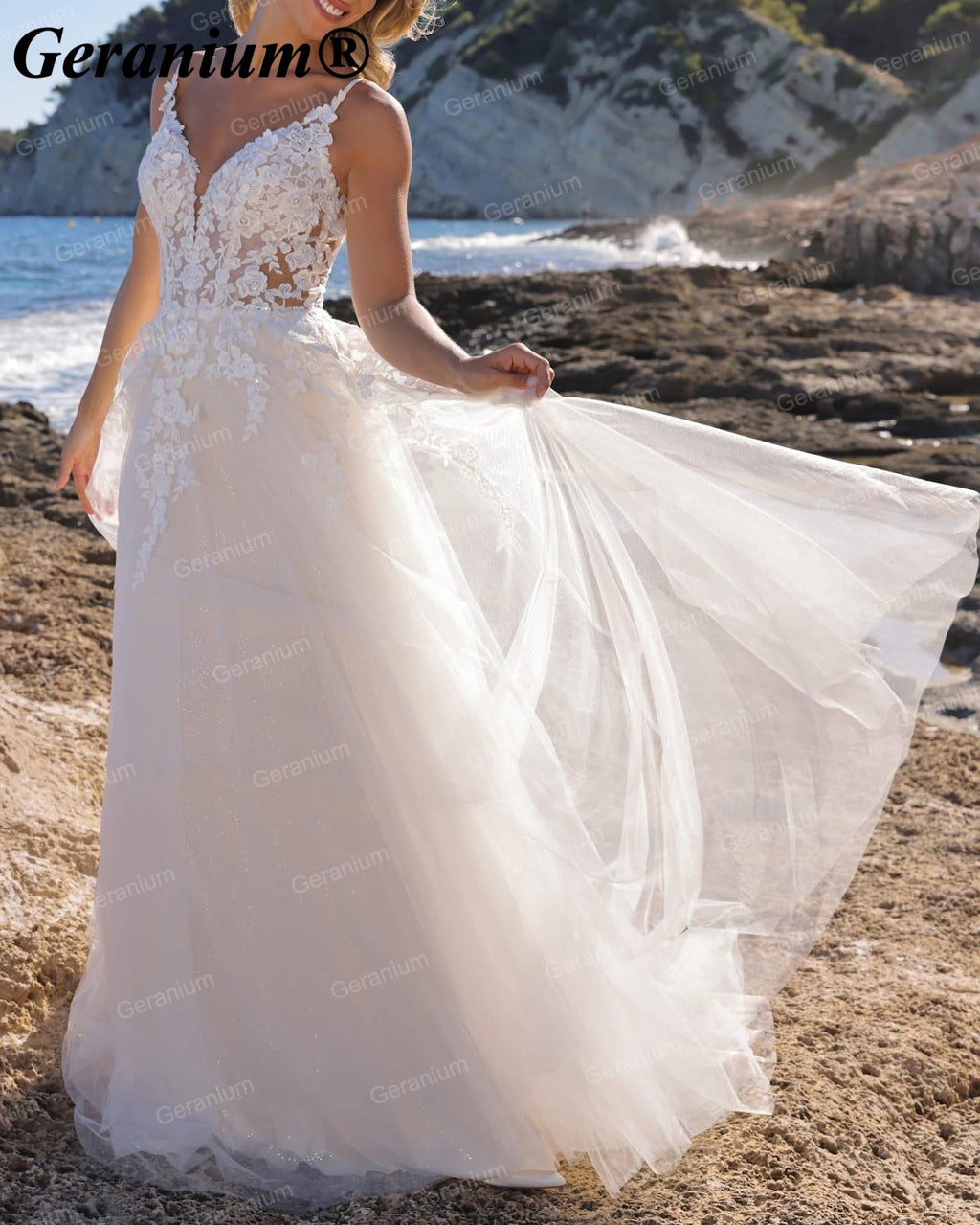 Geranium Plunging V-Neck Lace A-Line Wedding Dress GER61