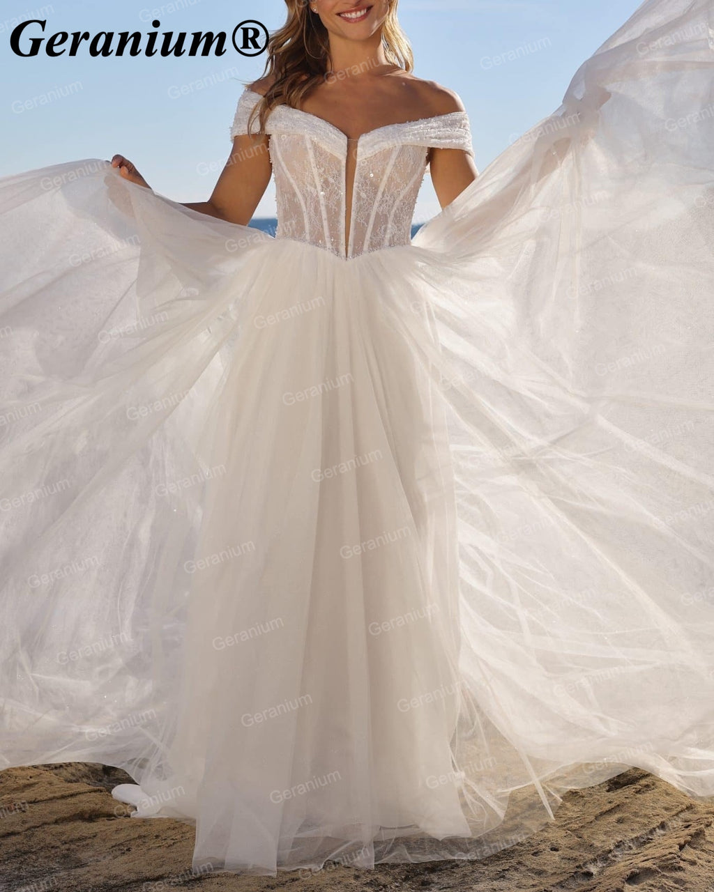 Geranium Off-the-Shoulder Corset Ball Gown Wedding Dress – GER91