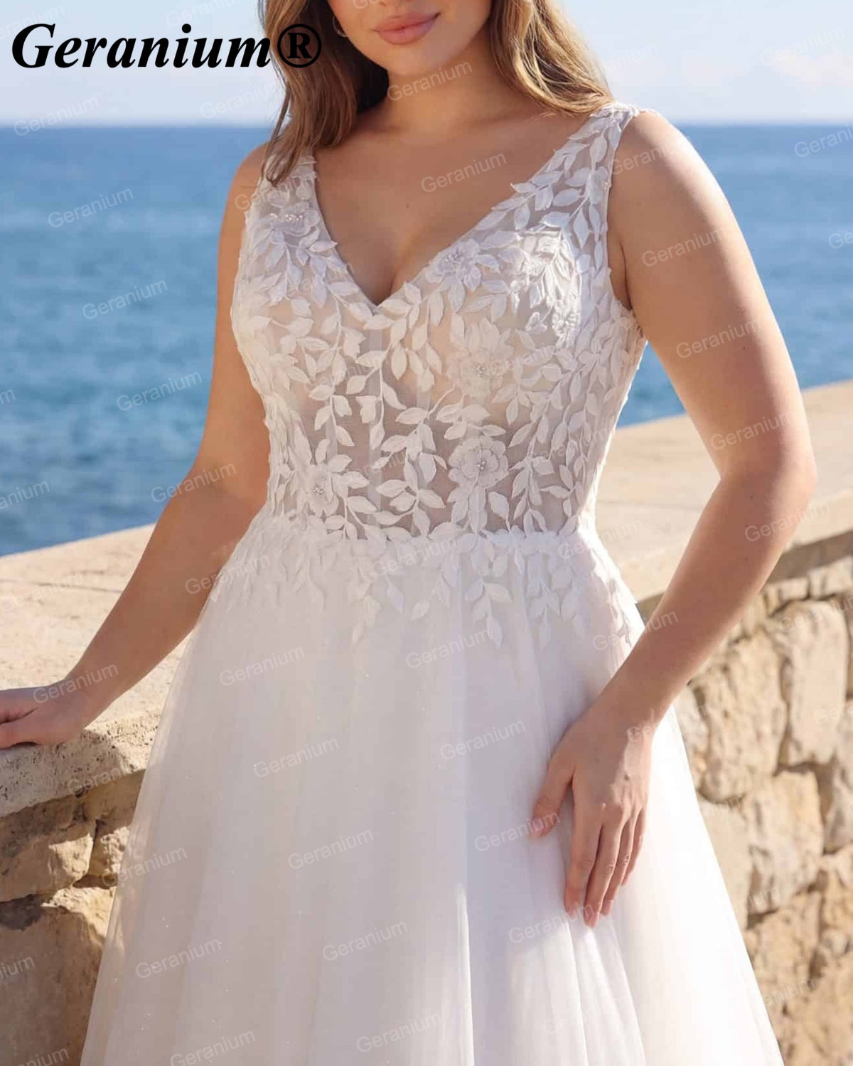 Geranium V-Neck Lace A-Line Wedding Dress – GER72