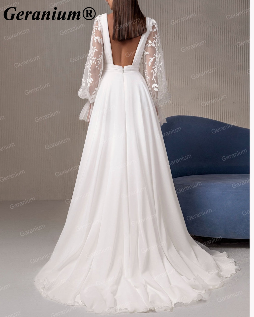 Geranium Plunging V-Neck Chiffon A-Line Wedding Dress with Lace Bishop Sleeves – GER115