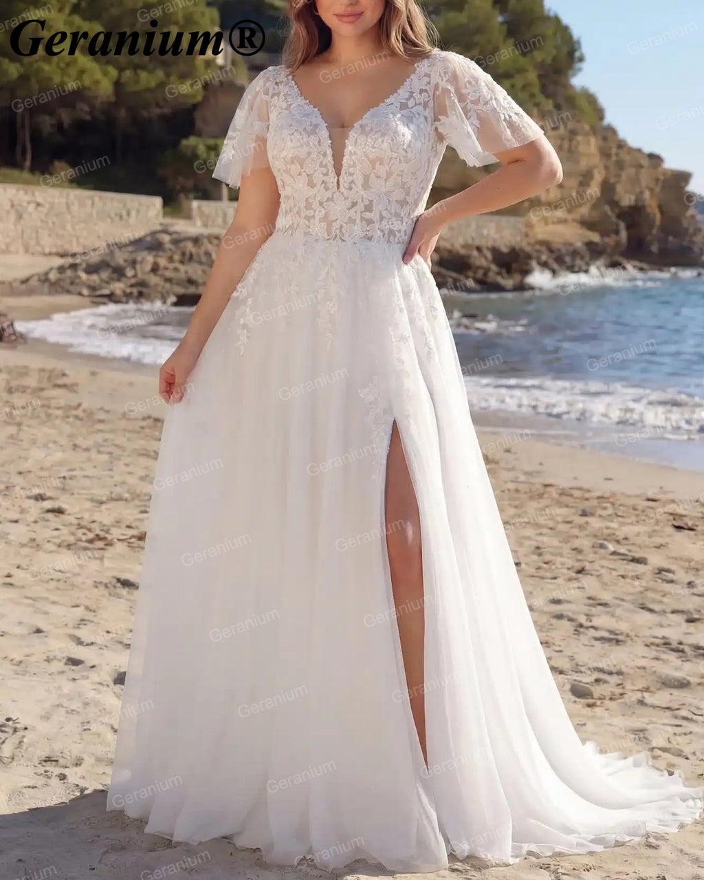 Geranium Plunging V-Neck Lace A-Line Wedding Dress – GER74