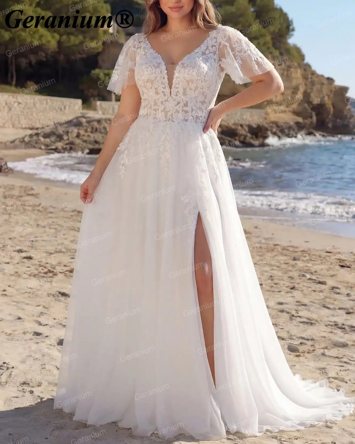 Geranium Plunging V-Neck Lace A-Line Wedding Dress – GER74