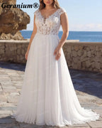 Geranium V-Neck Lace Chiffon A-Line Wedding Dress – GER71