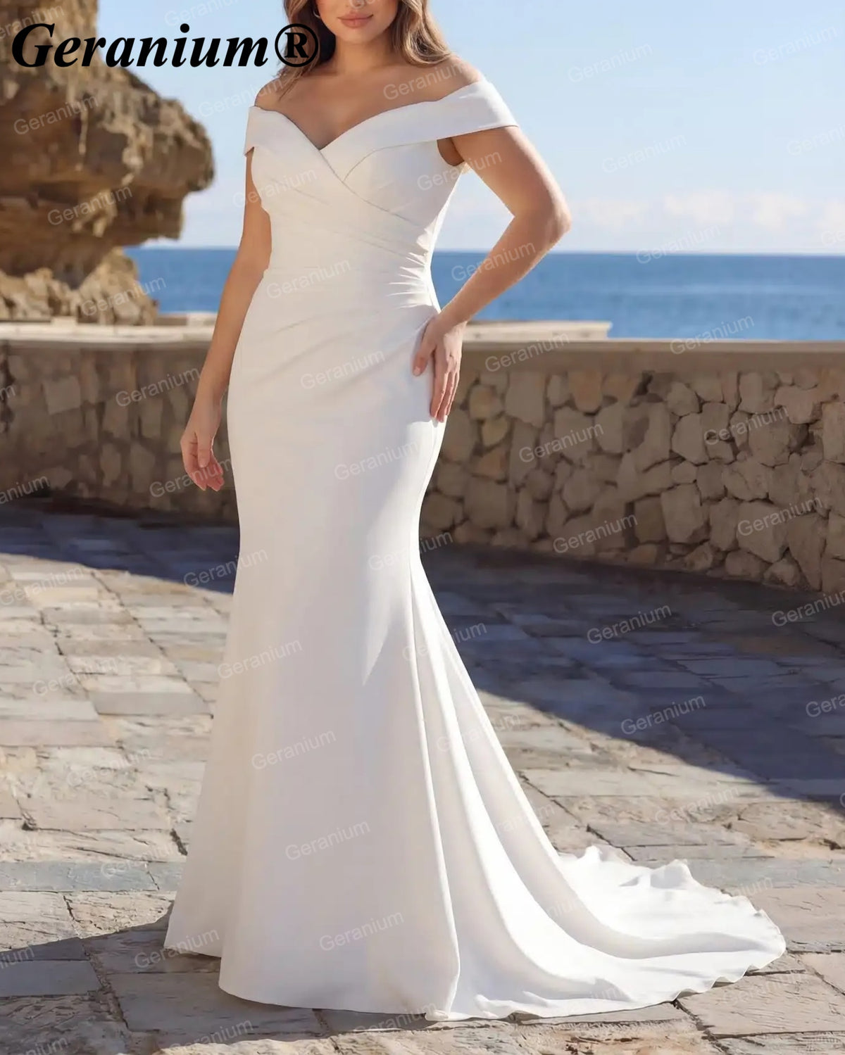 Geranium Off-the-Shoulder Crepe Mermaid Wedding Dress – GER80