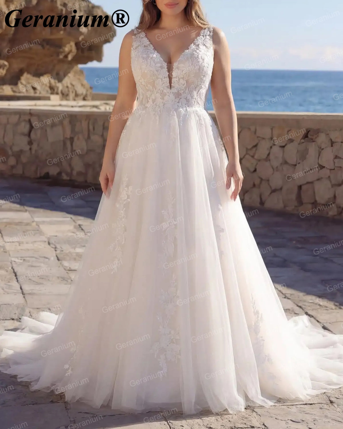 Geranium Plunging V-Neck Lace Tulle A-Line Wedding Dress – GER82