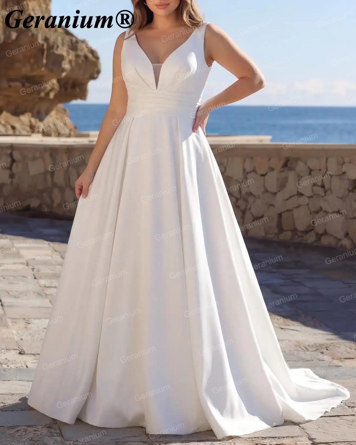 Geranium Plunging V-Neck Satin A-Line Wedding Dress – GER78