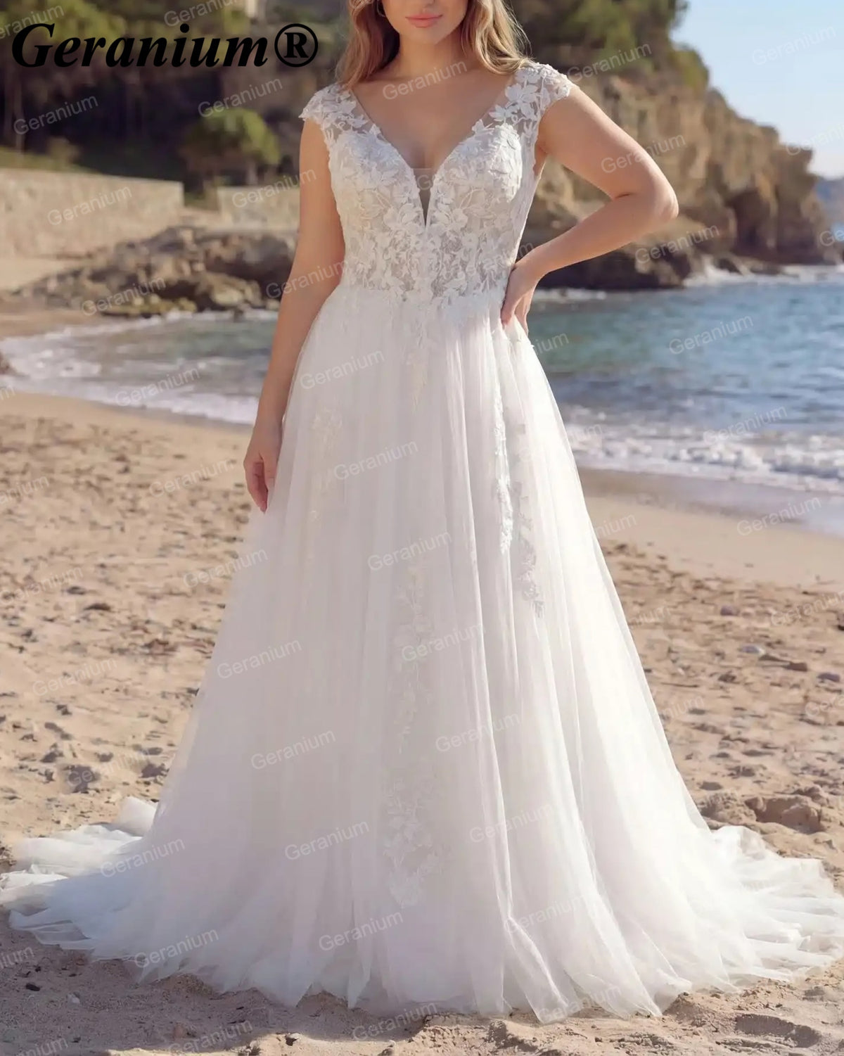 Geranium Plunging V-Neck Lace Tulle A-Line Wedding Dress – GER81