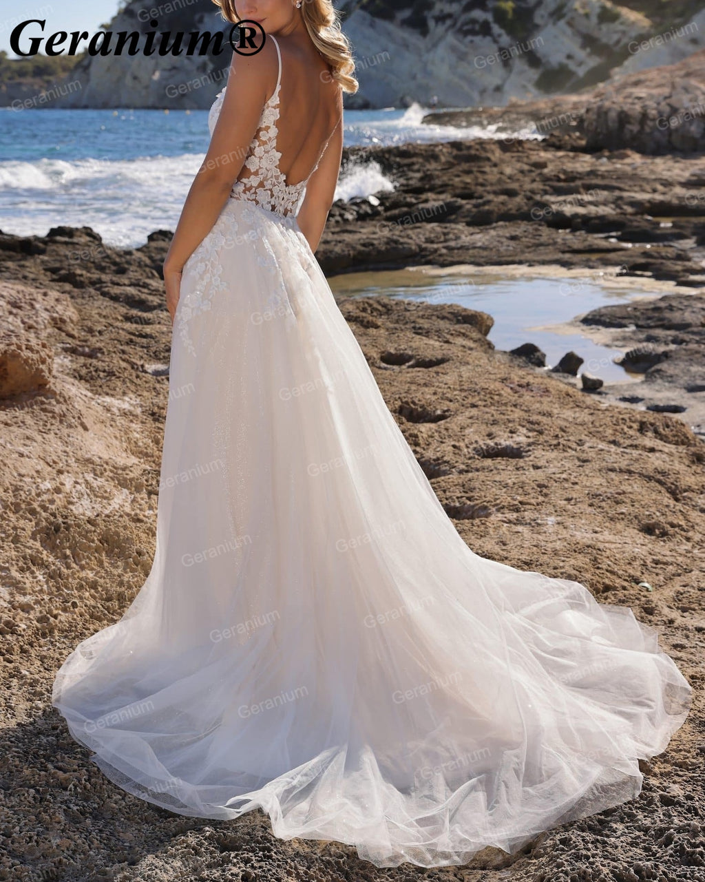 Geranium Plunging V-Neck Lace A-Line Wedding Dress GER61