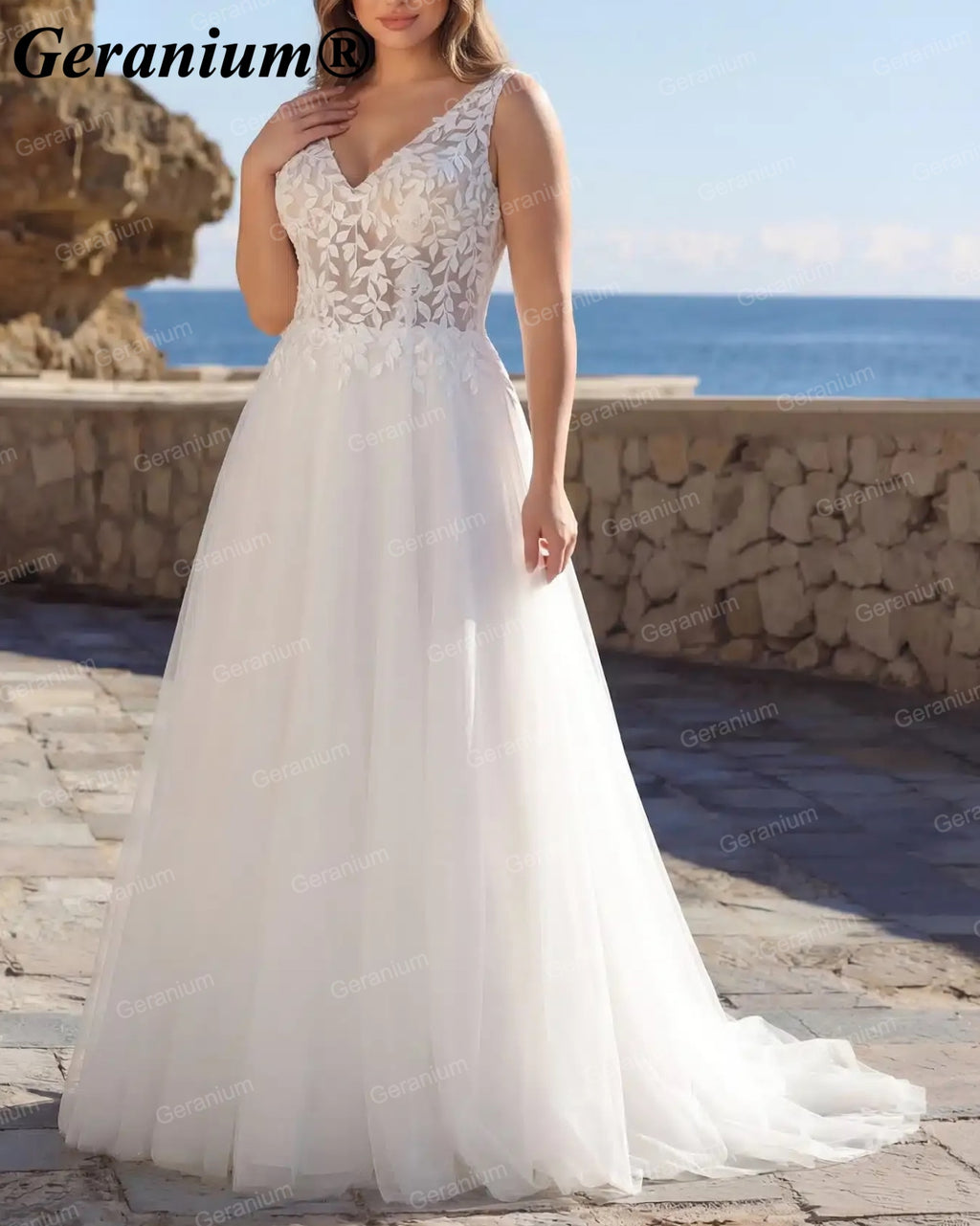 Geranium V-Neck Lace A-Line Wedding Dress – GER72