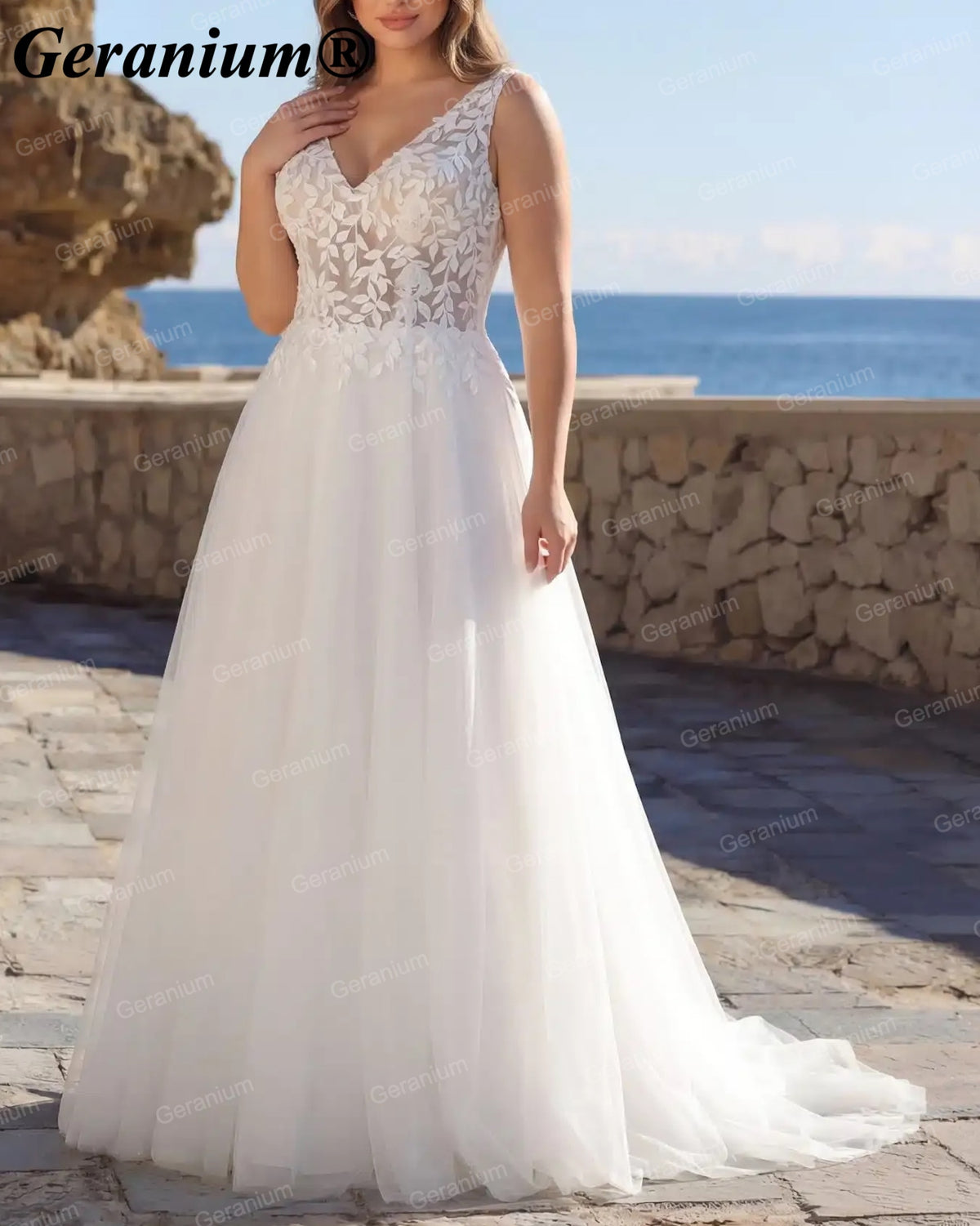 Geranium V-Neck Lace A-Line Wedding Dress – GER72