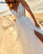 Geranium Plunging V-Neck Lace A-Line Wedding Dress with Pearl Straps – GER114