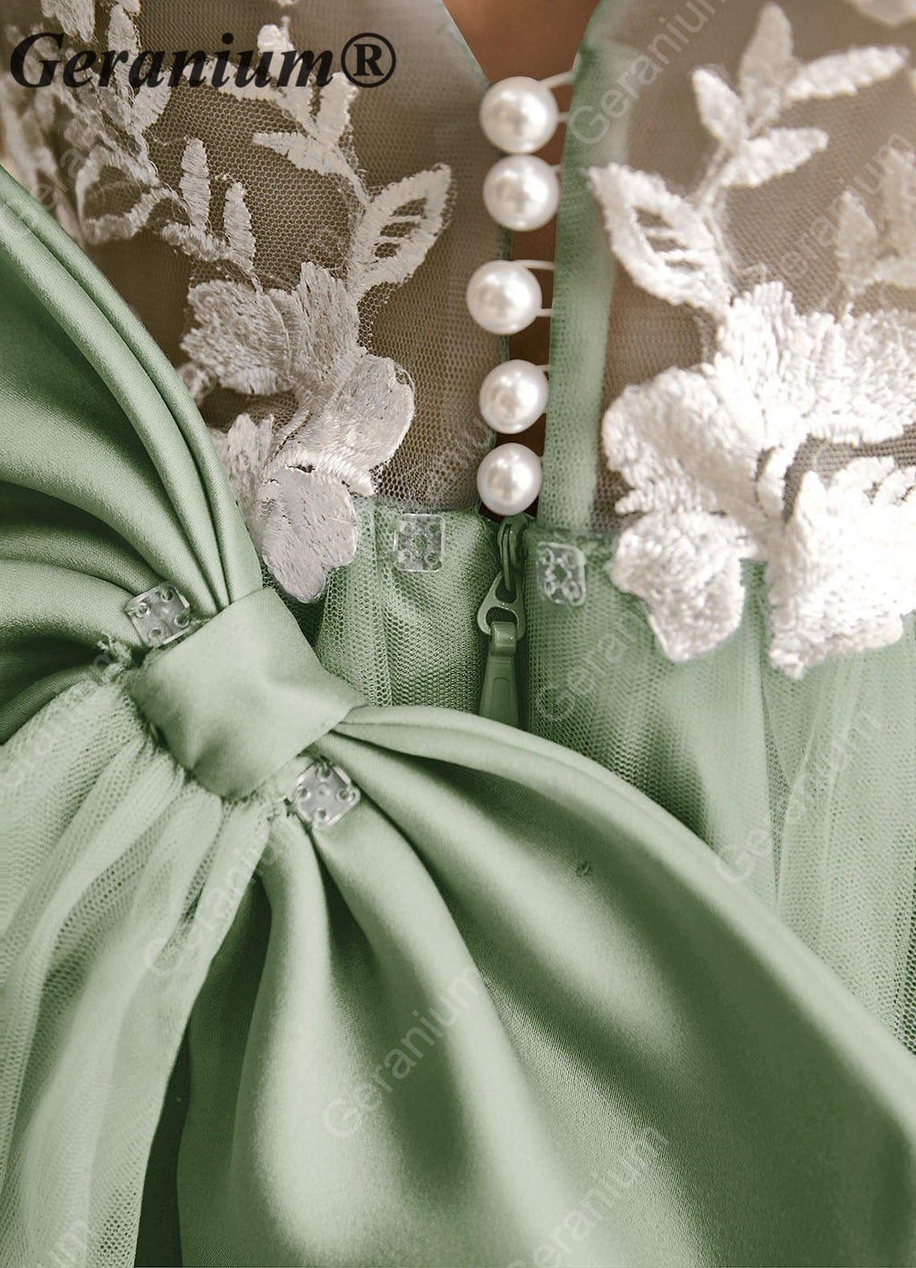 Geranium Enchanting Sage Green Tulle Flower Girl Dress with Floral Appliqués & Grand Bow Train KD-180