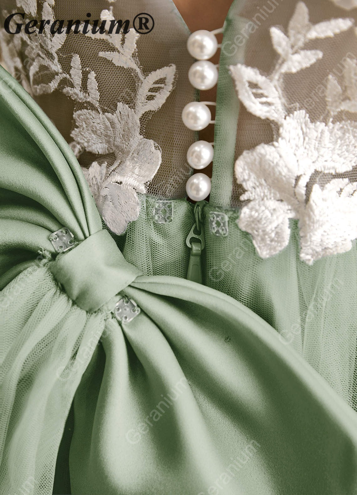 Geranium Enchanting Sage Green Tulle Flower Girl Dress with Floral Appliqués & Grand Bow Train KD-180