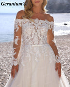 Geranium Off-Shoulder Long Sleeve Lace A-Line Wedding Dress – GER65