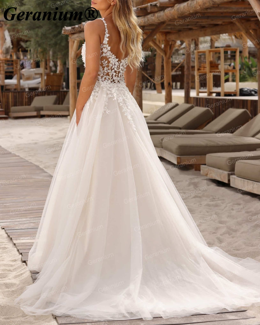 Geranium Plunging V-Neck Lace A-Line Wedding Dress GER57
