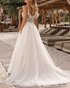 Geranium Plunging V-Neck Lace A-Line Wedding Dress GER57