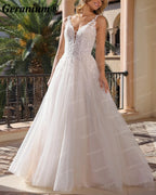 Geranium Deep V-Neck Lace A-Line Wedding Dress with V-Back – GER94