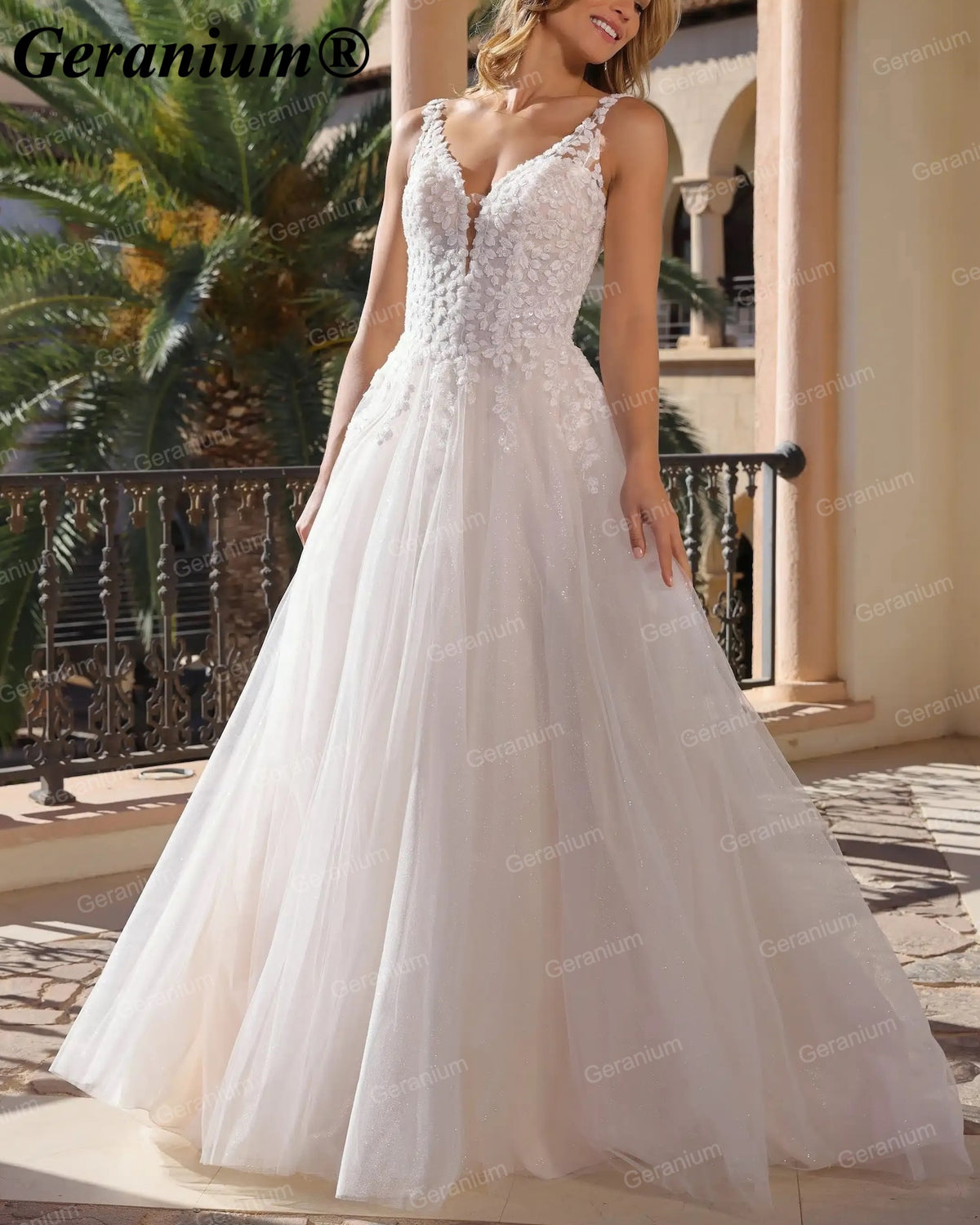 Geranium Deep V-Neck Lace A-Line Wedding Dress with V-Back – GER94