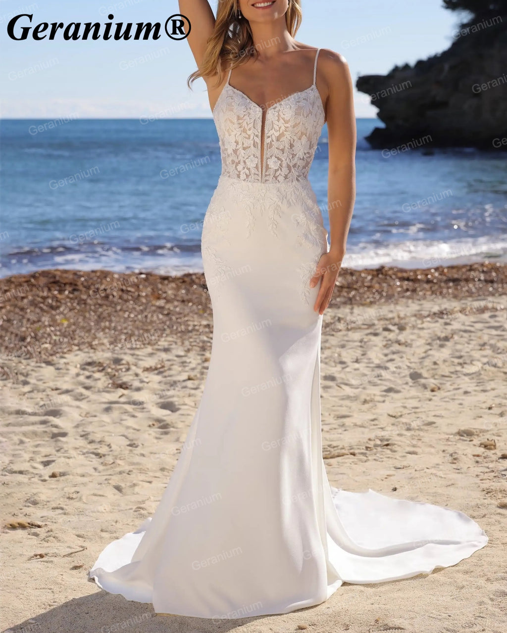 Geranium Deep V-Neck Lace Fit & Flare Wedding Dress with V-Back – GER92