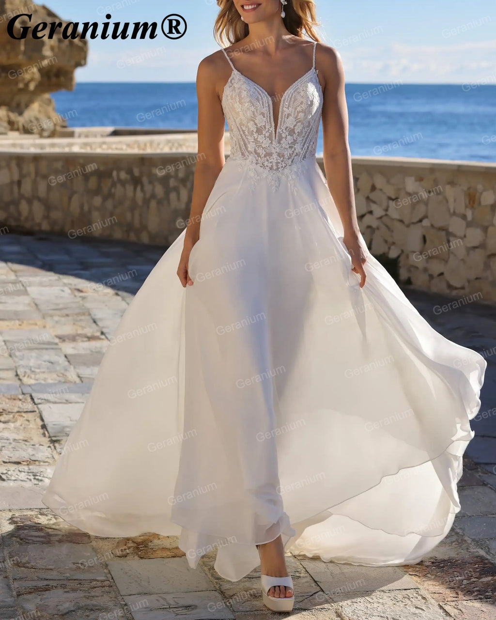 Geranium Plunging V-Neck Lace Chiffon A-Line Wedding Dress – GER89