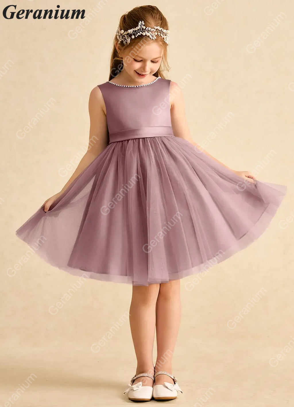 Geranium Dusty Rose Flower Girl Dress Tulle Bow Back Kids Party Dress Wedding Birthday Dress for Girls KD-10