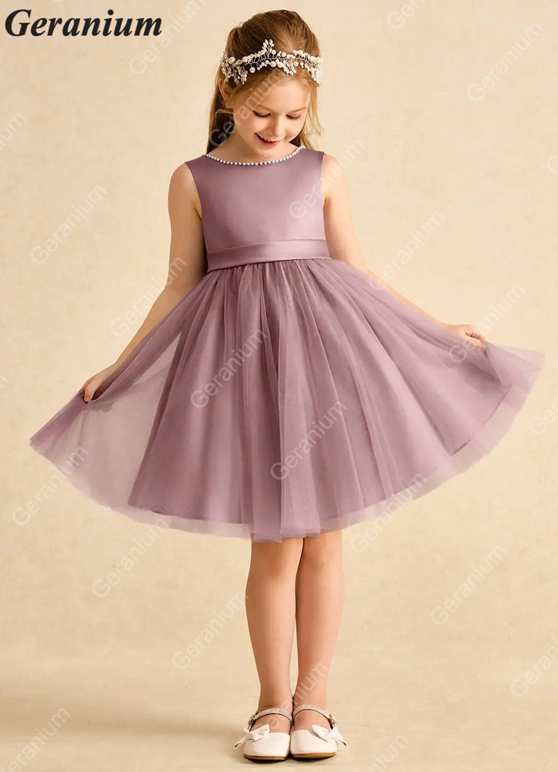 Geranium Dusty Rose Flower Girl Dress Tulle Bow Back Kids Party Dress Wedding Birthday Dress for Girls KD-10
