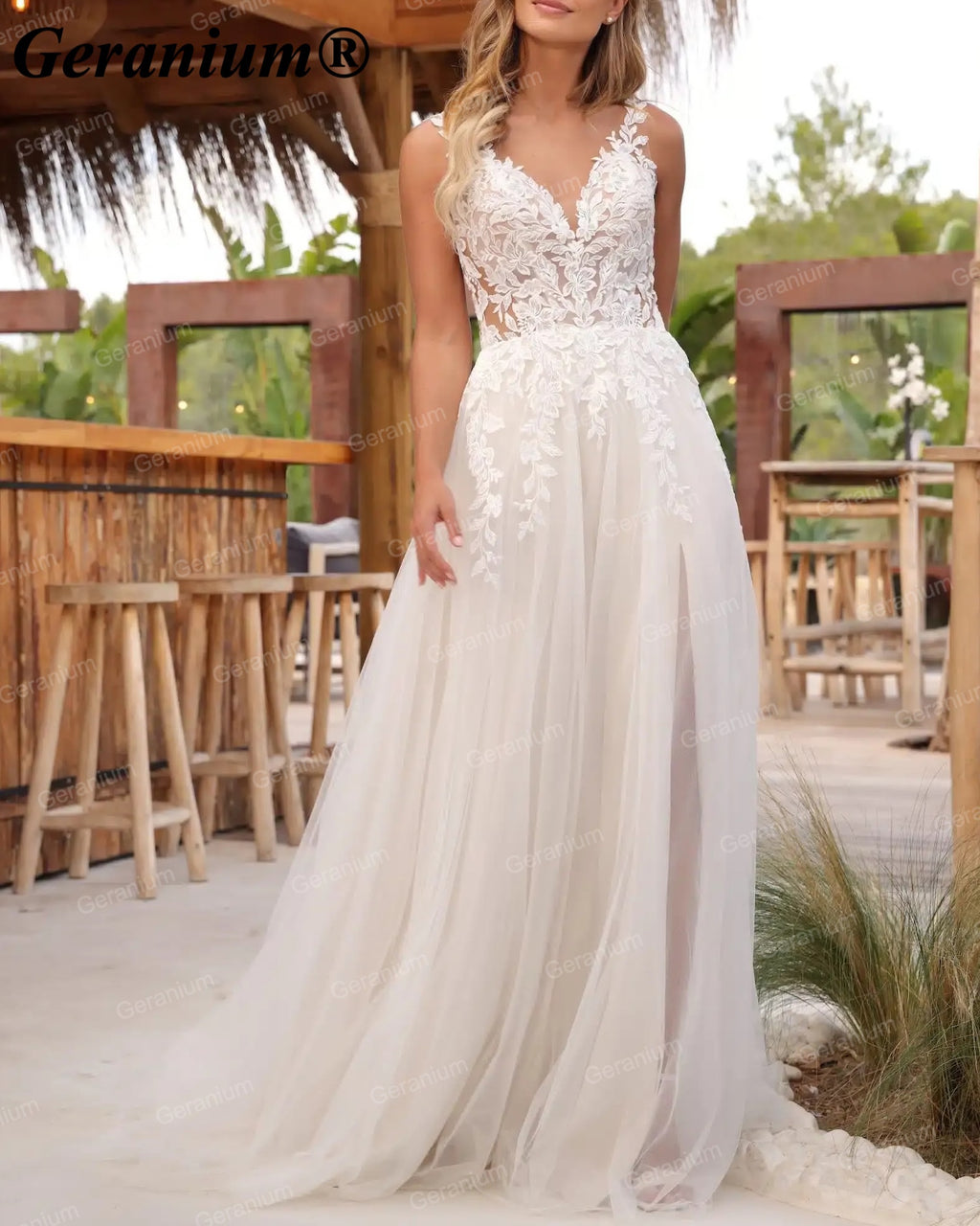 Geranium Plunging V-Neck Lace A-Line Wedding Dress with Slit – GER64