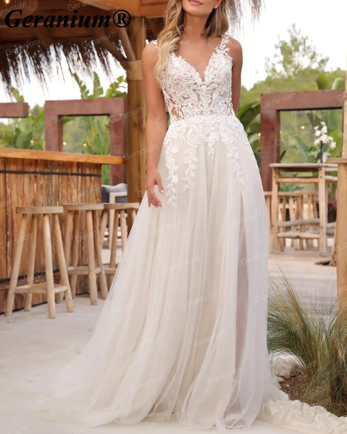 Geranium Plunging V-Neck Lace A-Line Wedding Dress with Slit – GER64
