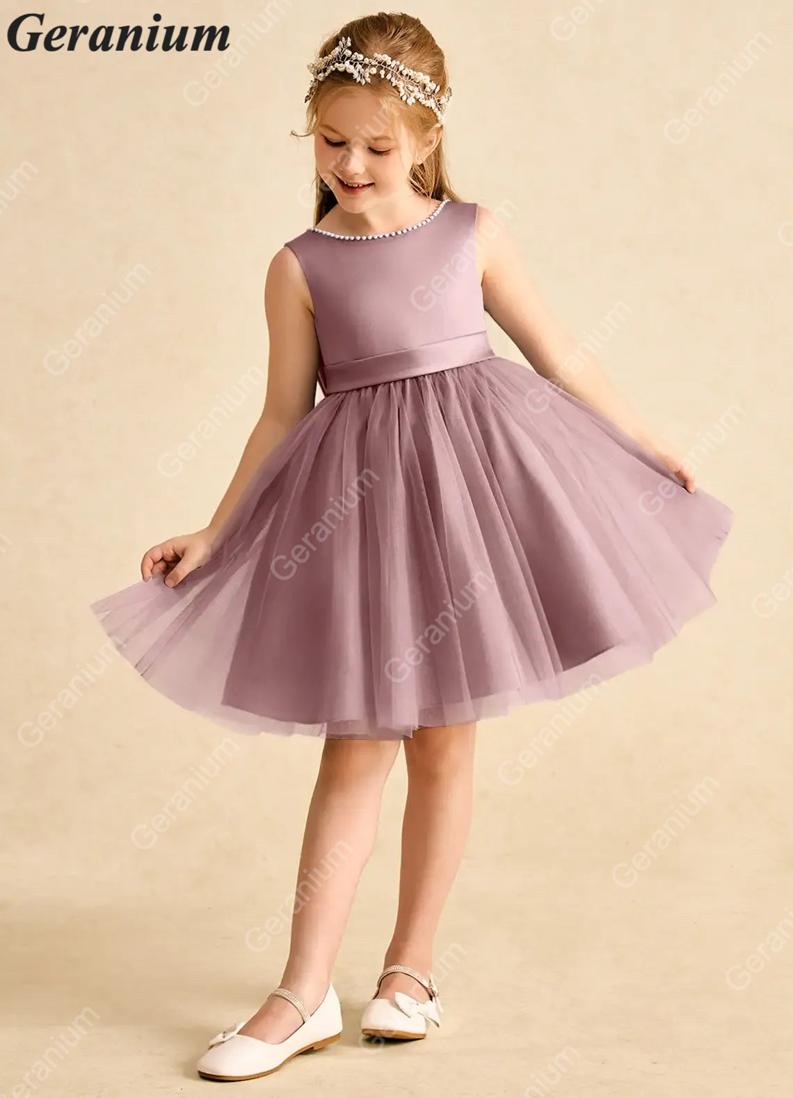 Geranium Dusty Rose Flower Girl Dress Tulle Bow Back Kids Party Dress Wedding Birthday Dress for Girls KD-10